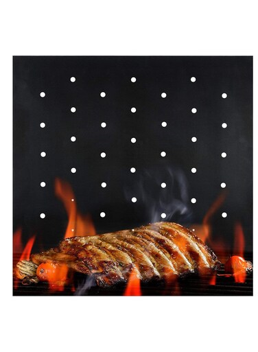 BBQ Grill Mat Non Stick - 2021 Upgraded Model With Holes - Set of 2 Heavy Duty Reusable and Dishwasher Safe Black Mesh Fireproof Topper Pads - Easy Clean and Easy Use on Gas Charcoal Electric Grills