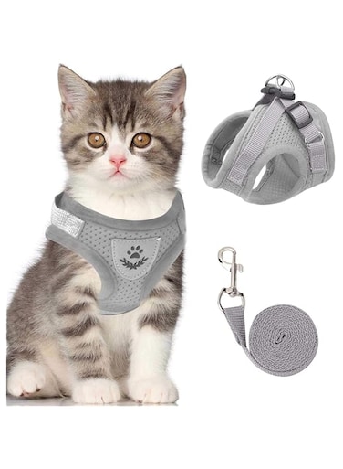 Mumoo Bear Cat Vest Harness and Small Dog for Walking, All Weather Mesh Harness, with Reflective Strap, Size M (Grey)