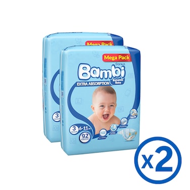 سانيتا بامبي حفاضات أطفال مقاس 3 وسط من 6 إلى 11 كغ 92 حفاض حزمة ضخمة من 2 - أبيض