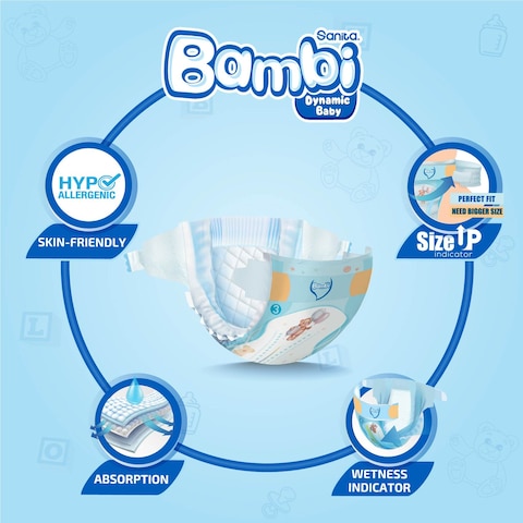 Sanita Bambi Dynamic Baby Diapers Large Size 4 8-16kg Mega Pack 80 Diapers Pack of 2