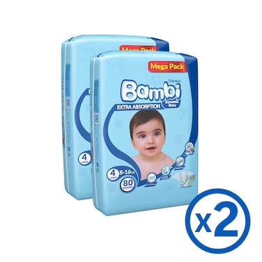 Sanita Bambi Dynamic Baby Diapers Large Size 4 8-16kg Mega Pack 80 Diapers Pack of 2