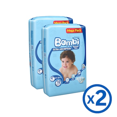 Sanita Bambi Diapers Size 4+ Large 10-18kg White 78 Diapers Mega Pack of 2