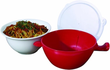 Handy Gourmet Cool Touch Micro Bowl, Microwave‑Safe, 24 oz. Heat‑Resistant Ceramic Inner with Outer Plastic Sleeve, Mini Microwave Bowl for Lunch, Soup, Ramen, Red - JBR-6502