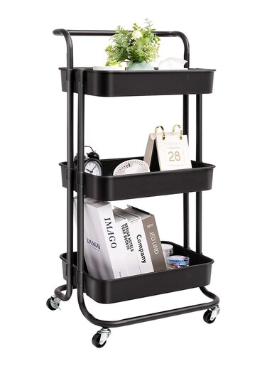 3-Tier Metal Rolling Utility Cart with Handle, Utility Organizer Cart-Multi-Functional Storage Trolley for Office, Living Room, Kitchen, Movable Storage Carts with Wheels