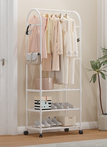 2-in 1 Garment Rack with Wheel and Side Hooks,Clothing Storage Organizer with Bottom Storage,Multi-Functional Coat Rack Storage for Bedroom Laundry ,Small Place ,Entryway &iuml;&frac14;&circ;White&iuml;&frac14;&permil;