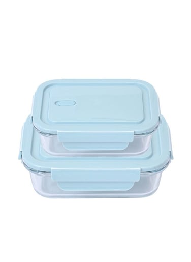 2-Piece Borosilicate Glass Food Container Lunch box Set 410ml and 640ml Blue/Clear