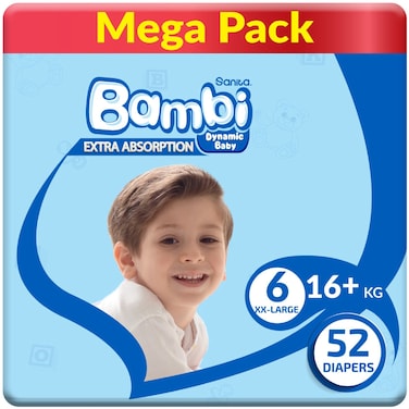 سانيتا بامبي حفاضات أطفال حزمة كبيرة، مقاس 6، كبير جدًا، +16 كغ، 52 قطعة