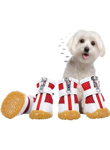 KWSLIN 4 Pack Mesh Dog Boots Shoes, Waterproof Puppy Booties with Anti-Slip Sole and Zipper, Adjustable Summer Breathable Dog Boots Durable Pet Paw Protector for Hot Pavement Pet Hiking, Red, Size M-3