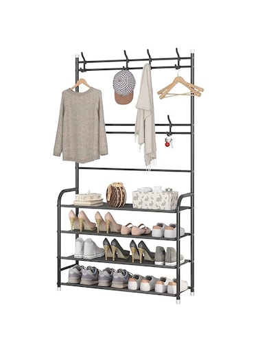 Showay Coat Rack Shoe Rack,Storage Shelf With 4-Tier Shoe Organize ,Clothes Rack With 8 Hooks Hanging, Entryway Hall Trees Hanging And Storage(Black), 30621Nu-P