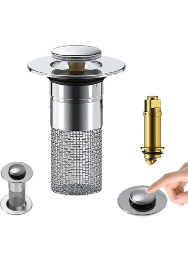 Up Bathroom Sink Drain Strainer Hair Catcher, Sink Drain Stopper with Removable Stainless Steel Filter Basket, for Universal Bathroom Kitchen Basin Sink Stopper Replacement
