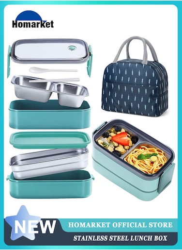 Stainless Steel Lunch Box(Green) - Insulated Bento Box Multifunctional-Containers Lunch Box Containers Food Container Lunch box with 2 Compartments and Storage Bag