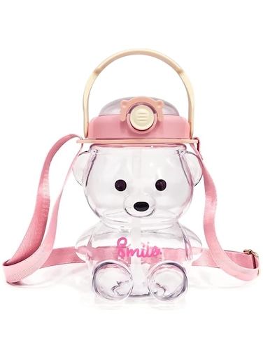 YHRY Kawaii Bear Water Bottle with Straw and Strap, Cute Water Bottles for Kids, Portable Leakproof BPA-free Drinking Cups for Girls Women Sports Camping Picnic Hiking Travel (Pink) (PINK)