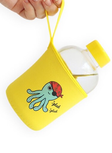 &amp; Moo Kids Glass Water Bottle with Neoprene Sleeve 600ml, Sailor Octopus Design, Leak Proof Spill Proof BPA Free Water Bottles, Ideal for School, Toddlers