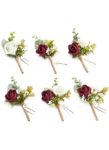 Tazweeq 6Pcs Boutonniere for Men, Groom Groomsmen Boutonniere, Artificial Flowers Suitable For Wedding Decorations/Proms/Homecoming