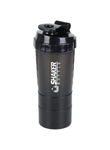 Protein Shaker Bottle, 473ml, 3-Layer Design with Storage Compartments, Leak-Proof Lid, Black,BB3209