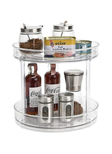 U-HOOME Non-slip Lazy Susan Turntable Cabinet Organizer 360 Degree Rotating Spice Rack 10 Inch Kitchen Storage Turntable for Cabinet, Pantry, Refrigerator, Countertop (Double Layer (transparent))