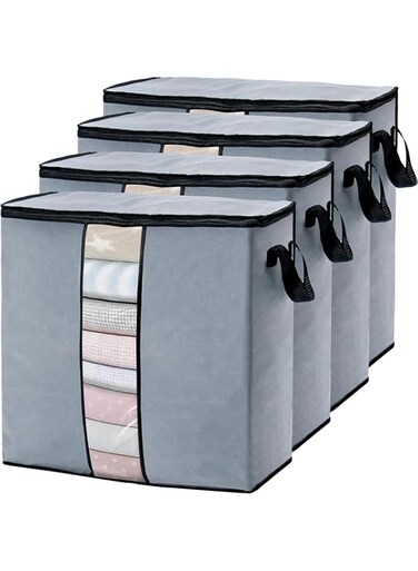 WOLLAR 4 Pcs Large Clothes Storage Bag Organizers, 90L Foldable Storage Containers with Clear Window, Reinforced Handles &amp; Sturdy Zipper for King Comforter, Bedding Pillow Sheet, (Grey)