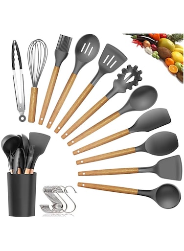 Womdee Silicone Cooking Utensils Kitchen Utensil Set - 11 Pieces Natural Wooden Handles Cooking Tools Turner Tongs Spatula Spoon for Nonstick Cookware - Best Kitchen Tools (BPA Free, Non Toxic)