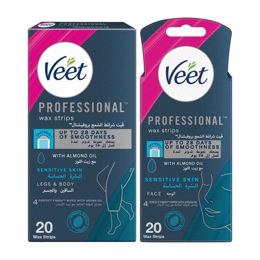 Veet Professional Hair Removal Wax Strips for Sensitive Skin -  Body &amp; Legs, 20 Strips + Face, 20 Strips