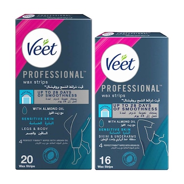 Veet Hair Removal Wax Strips for Sensitive Skin - Legs &amp; Body, 20 Strips + Underarm,16 Strips