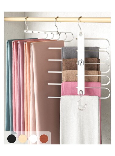 Magic Pants Hangers Space Saving Closet Hangers 5 Layers 2 Uses Multi Functional Pants Rack Solid Metal &amp; Wood Heavy Duty Wardrobe Organizer Racks for Trousers Scarves Ties (2-Pack White)