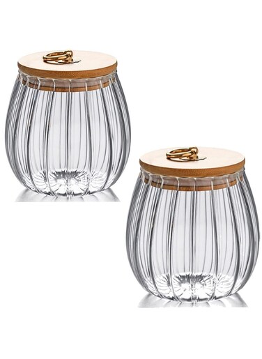 Set of 2 -700 ML Borosilicate Glass Food Storage Jar With Airtight Bamboo Lid and Metal Handle, To Store Tea, Coffee Beans, Candy, Spices, Biscuits etc, Oval Shape