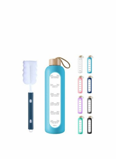 32 Oz Borosilicate Glass Water Bottle with Time Marker Reminder Quotes, Leak Proof Reusable BPA Free Motivational Silicone Sleeve and Bamboo Lid
