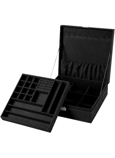 Sodynee Two-Layer Lint Jewelry Box Organizer Display Storage Case with Lock, Black