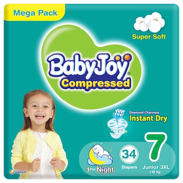 BabyJoy Compressed Tape Diapers Junior 3XL Mega Pack, +18kg, 34 Diapers