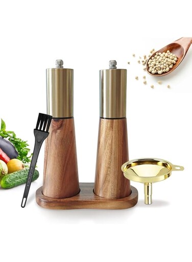 Gold Salt and Pepper Grinder Set,Wooden Pepper Grinder, Manual Salt and Pepper Mill,Adjustable Thickness,Stainless Steel Top,Suitable For Kitchen,Barbecue,Picnic,2 Packs for Refillable Pepper Grinder