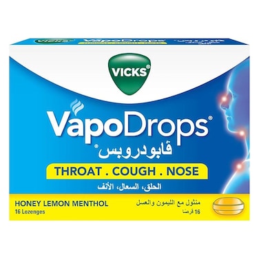 Vicks VapoDrops + Cough, Honey Lemon Flavored Lozenges For Sore Throat, Pack of 16's