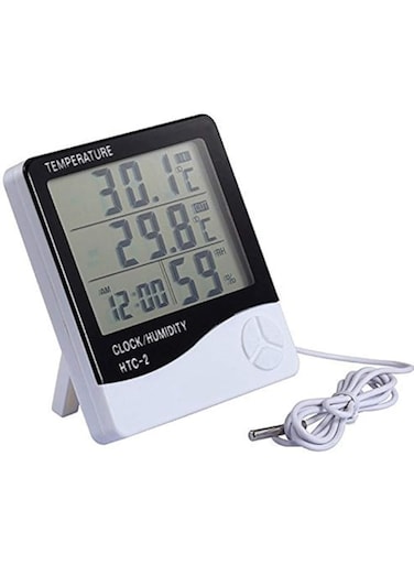 HTC-2 Digital LCD Humidity Meter Temperature Thermometer Clock with Sensor Cable, White, LZM75