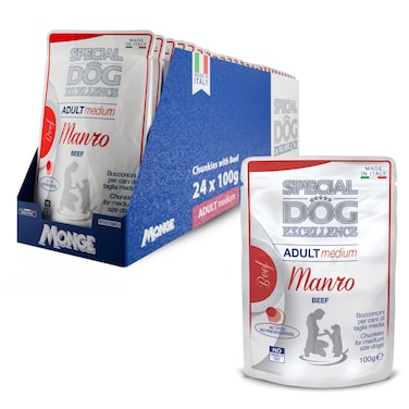 Special Dog Excellence by Monge   Adult Medium Dog Wet Food with Beef   Super Premium Complementary Wet Dog Food   Chunkies in Pouch - Pack of 24x100g