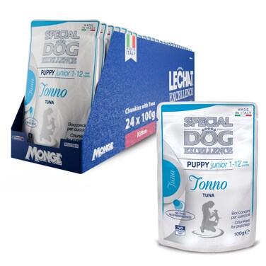 Special Dog Excellence by Monge   Puppy &amp; Junior Dog Wet Food with Tuna   Super Premium Complementary Wet Puppy Food   Chunkies in Pouch - Pack of 24x100g