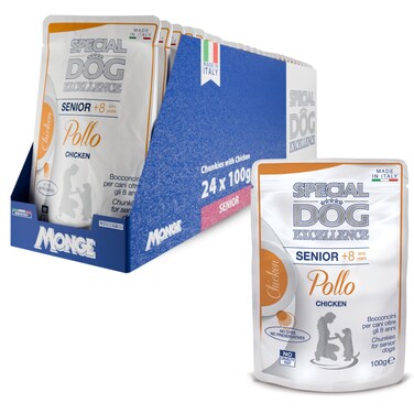 Special Dog Excellence by Monge   Senior Dog Wet Food with Chicken   Super Premium Complementary Wet Dog Food   Chunkies in Pouch - Pack of 24x100g