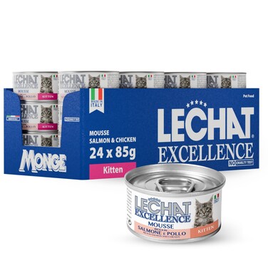 Lechat Excellence by Monge   Kitten Wet Food Rich in Salmon and Chicken   Super Premium Complete Wet Kitten Food   Mousse in Can - Pack of 24x85g