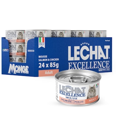 Lechat Excellence by Monge   Cat Wet Food Rich in Salmon and Chicken   Super Premium Complete Wet Cat Food   Mousse in Can- Pack of 24x85g