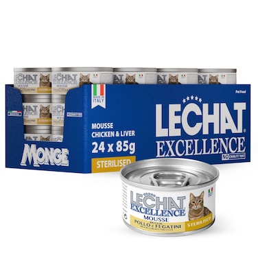 Lechat Excellence by Monge   Sterilised Cat Wet Food Rich in Chicken and Liver   Super Premium Complementary Wet Cat Food   Mousse in Can - Pack of 24x85g