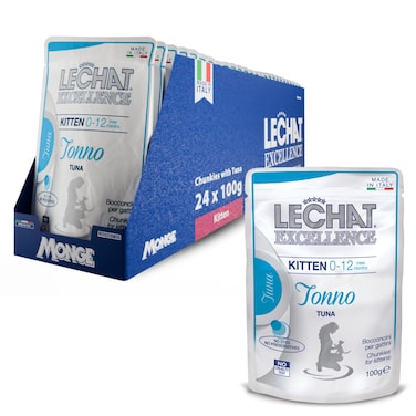 Lechat Excellence by Monge   Kitten Wet Food with Tuna   Super Premium Complete Wet Kitten Food   Chunkies in Pouch - Pack of 24x100g