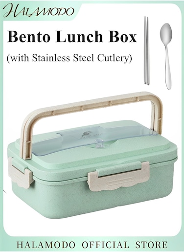 Kids Bento Lunch Box with Stainless Steel Cutlery 3 Compartment Wheat Straw Meal Prep Food Storage Containers Microwave and Dishwasher Safe
