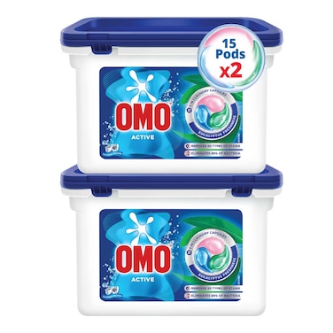 أومو أكتيف 3 في 1 كبسولات غسيل برائحة الأوكالبتوس المنعشة 15 كبسولة حزمة من قطعتين