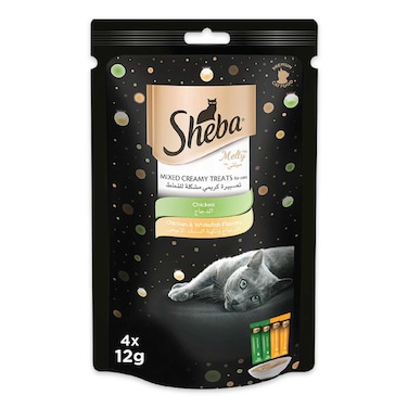 Sheba Cat Food, Melty Mixed Creamy Treats Chicken &amp; Chicken &amp; White Fish, Pack of 4x12g