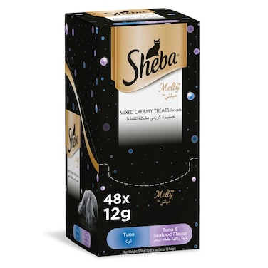 Sheba Cat Food, Melty Mixed Creamy Treats Tuna &amp; Tuna &amp; Seafood Flavor 12g Pouches (Pack of 48)