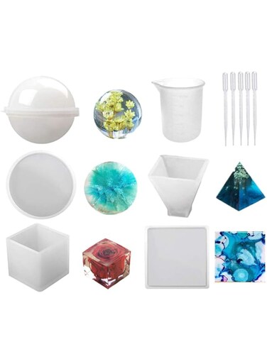 Usohiral Silicone Resin Molds Including Sphere, Cube, Pyramid, Square, Round with Measuring Cup &amp; 5 Plastic Transfer Pipettes