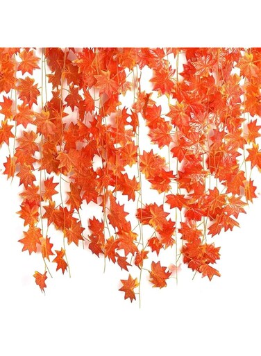 U-HOOME 12 Pack Fall Artificial Maple Leaves Vines artificial Hanging Plants Silk Green Leaf Garlands Home Office Garden Outdoor Wall Greenery Cover Jungle Party Decoration (Red Maple Leaves)