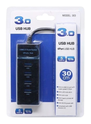 موزع USB 3.0 فائق السرعة مزود بـ 4 منافذ باللون الأسود