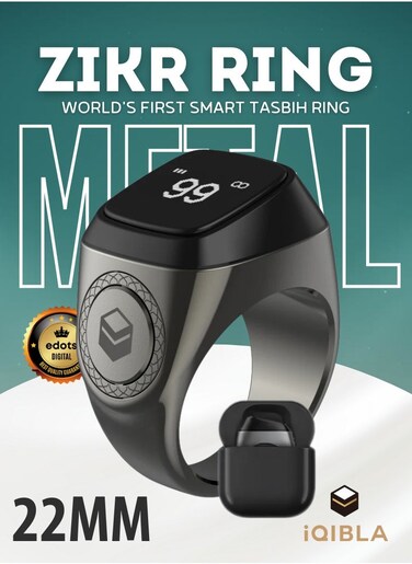 iQIBLA Metal Zikr Ring, Space Grey, 22 mm Prayer Counter, Tasbih Counter &amp; Muslim Prayer Time Reminder, Waterproof Wearable Technology