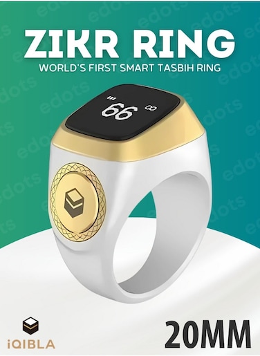 iQIBLA Smart Zikr Ring, 20mm Prayer Counter, Tasbih Counter &amp; Muslim Prayer Time Reminder, Waterproof Wearable Technology, White