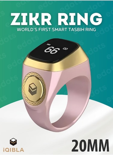 iQIBLA Smart Zikr Ring, 20mm Prayer Counter &amp; Timing Reminder, Waterproof Wearable Technology, OLED Display For Muslim Prayer, Pink And Gold