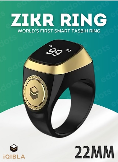 حلقة الذكر الذكية من اي قبلة، عداد صلاة 22 مم، عداد التسبيح وتذكير بوقت صلاة المسلمين، تقنية قابلة للارتداء مقاومة للماء، أسود وذهبي